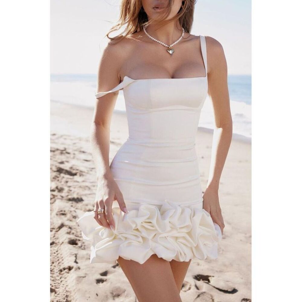 Everyday the Label Mini Dress Ruffled Hem Women White Dresses